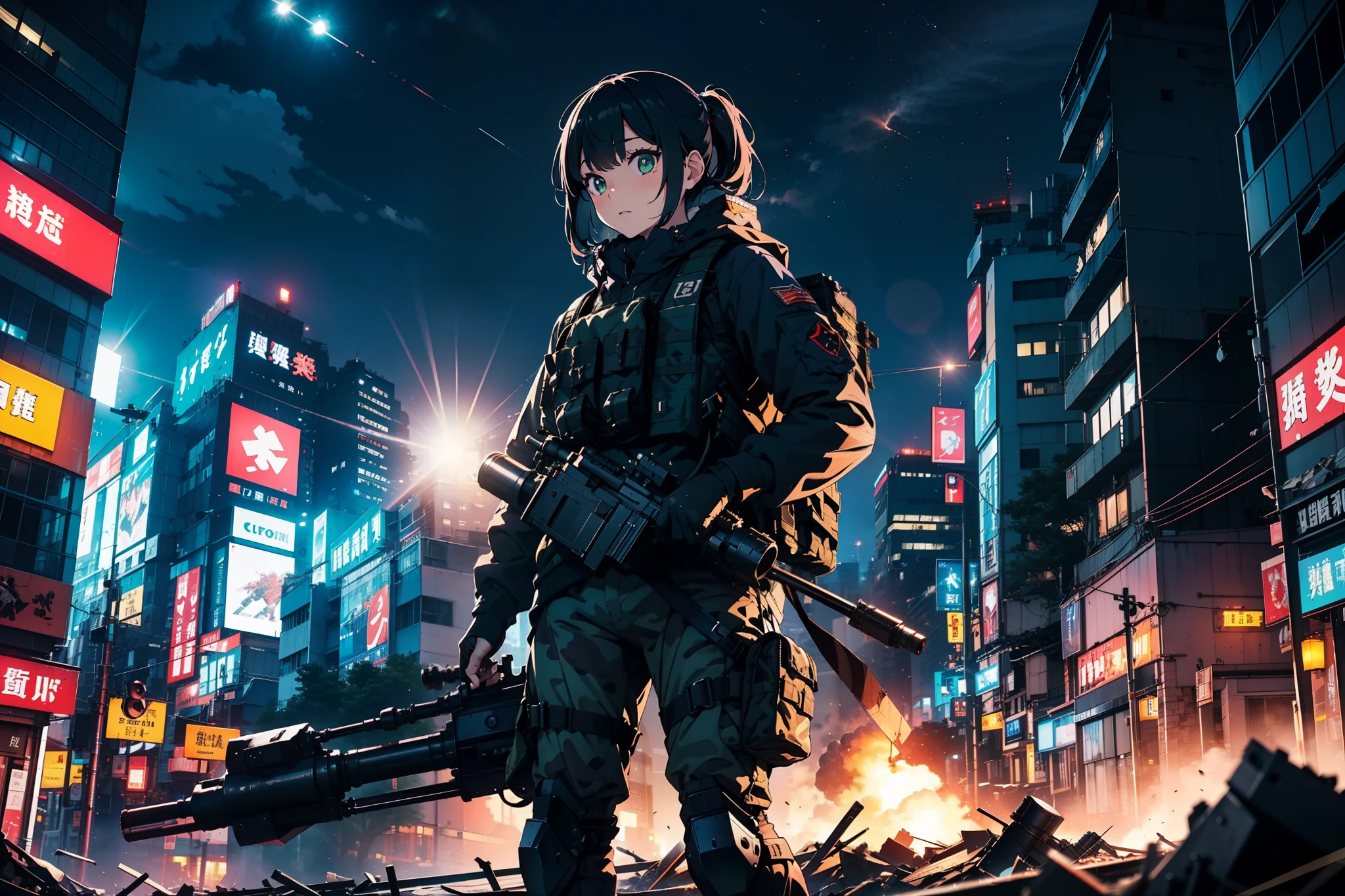 (One girl soldier sniping a giant military robot with a Lahti L-39 anti-tank gun)、long eyelasher,Blushlush,((​masterpiece、top-quality、extremely details CG、16 K、Cinematographic lighting、lensflare))、Black combat uniform、Wide View、thick body、 Photorealsitic:1.4、long Brond Hair、green colored eyes、Have multiple weapons、Precision 1.Aim 4、Lahti L-39 anti-tank gun、direct light、Photographing rubble with a depth of field of 35 mm、F/1.Night footage with 8 lens flares、((Shinjuku at night where five special forces SWAT fight))、(Sniping with anti-tank rifles)、From Side、nffsw、Hyper Detailed、The wreckage of a giant robot、(wide-angle lens)、What I see