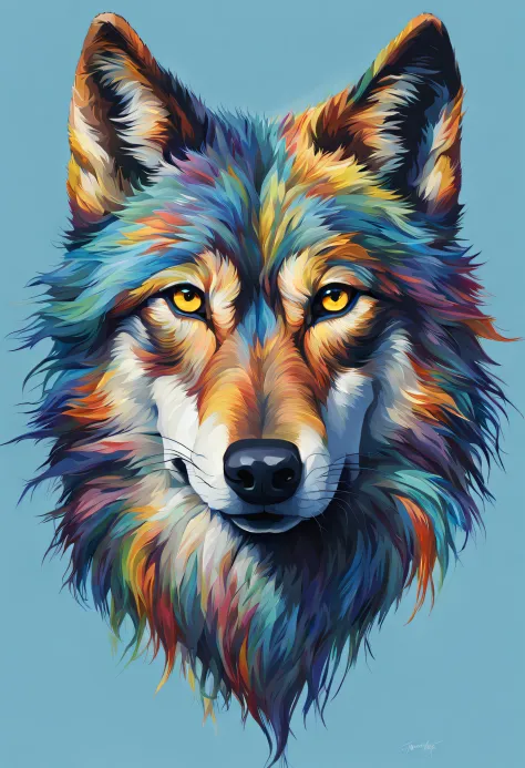 String art, a portrait of a wolf with colorful hair on a blue background, a detailed painting by Tom Wänerstrand, flickr, furry ...