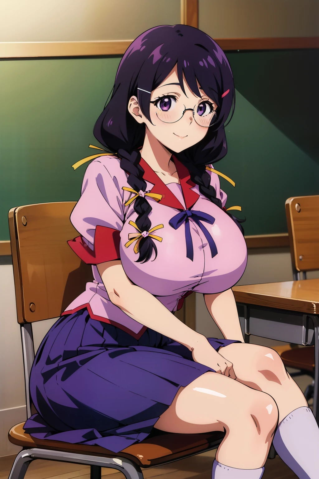 1990s anime cels style, 1990s manga style, best quality, high resolution, 1girl, (huge breasts:1.2), , skirt, school, blush, smile,  closed mouth, sitting, chair, hanekawa tsubasa, long hair, black hair, hair ornament, (purple eyes:1.1), braid, hairclip, twin braids, glasses,