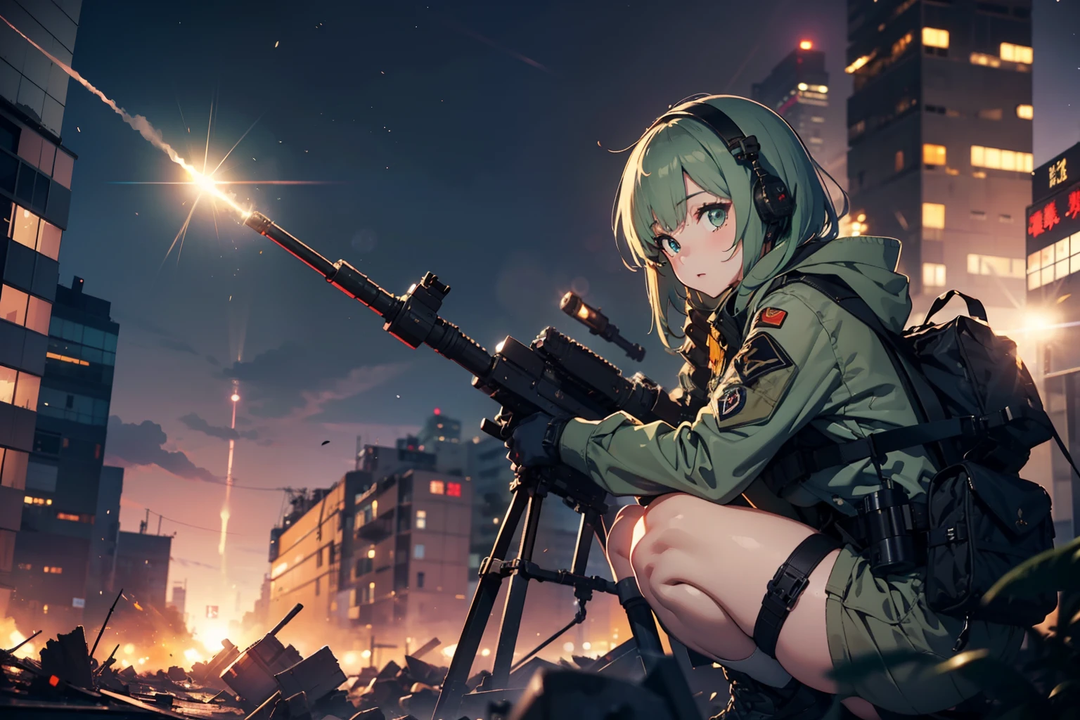 (One girl soldier sniping a giant military robot with a Lahti L-39 anti-tank gun)、long eyelasher,Blushlush,((​masterpiece、top-quality、extremely details CG、16 K、Cinematographic lighting、lensflare))、Black combat uniform、Wide View、thick body、 Photorealsitic:1.4、long Brond Hair、green colored eyes、Have multiple weapons、Precision 1.Aim 4、Lahti L-39 anti-tank gun、direct light、Shooting rubble with a depth of field of 35 mm、F/1.Night footage with 8 lens flares、((Shinjuku at night where five special forces SWAT fight))、(Sniping with anti-tank rifles)、From Side、nffsw、Hyper Detailed、The wreckage of a giant robot、(wide-angle lens)、What I see