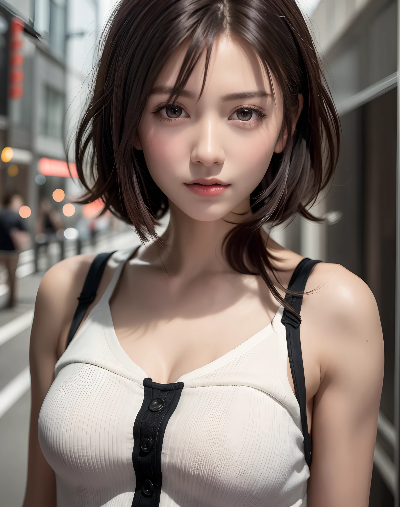 (​masterpiece: 1.3), (8K, Photorealista, Photo Raw, top-quality: 1.4), full bodyesbian, Walking the streets of Tokyo,  (1girl in), gorgeous faces, (lifelike face), (A dark-haired, short-haired: 1.3), Gorgeous hairstyle, realisticeyes, beautiful finely detailed eyes, (Pere Lealis...