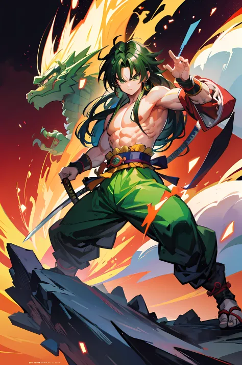 Broly, Samurai Style, Dragon background, 8k, high res, ultra sharp, long hair, super saiyan, holding samurai sword, mountain top