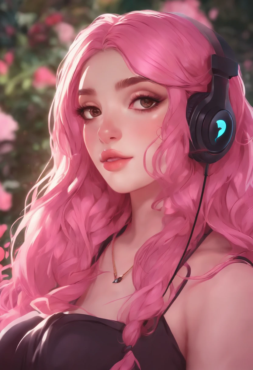 uma com fones de ouvido e uma regata rosa, Streamer do Twitch, estilo anime  4K,, longos cabelos rosa - SeaArt AI