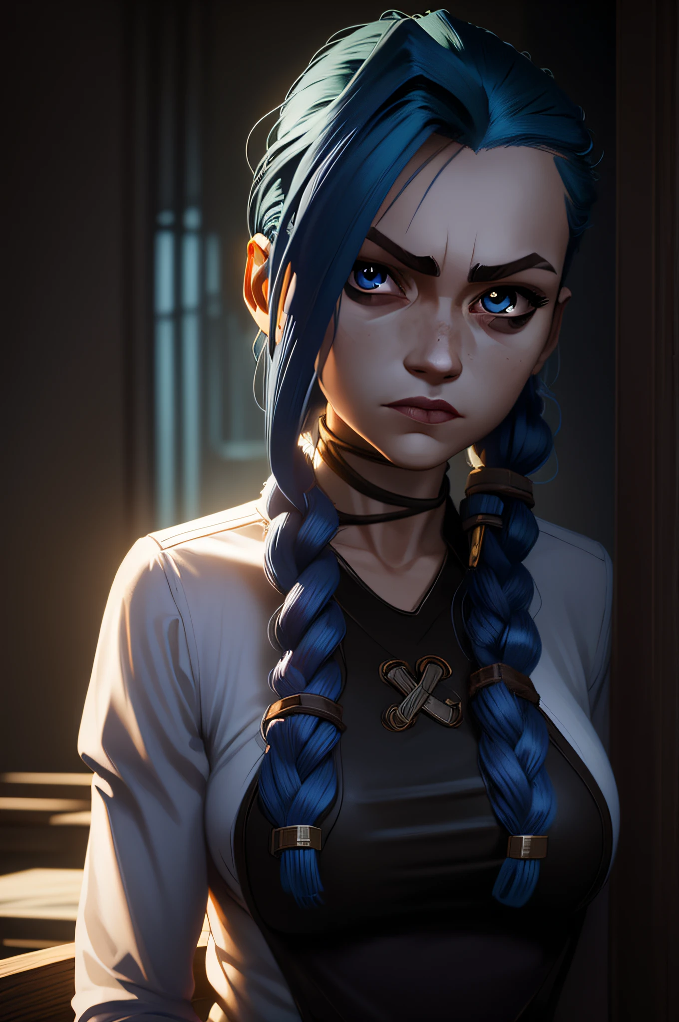 (masterpiece, best quality), 1girl, beautiful face, makima, shirt, braid, braided ponytail, collared shirt, white shirt, necktie ,red purple eyes, Jinx cries in front of the camera, Blue Cloud Tattoo, (​masterpiece, best quality), side-lighting, beautiful detailed eyes, sad face), (best quality), (​masterpiece), magic photography, dramatic lighing, Photo-realism, Ultra-detail, intimate portrait composition, Leica 50mm, F1. 4,8k UHD, dslr, aesthetic,  Tsd., hight resolution, 8k, best illumination, Best Shadow, Ultra -HD, hight resolution, keen focus, complicated background, cinematic lighting, ((landscape view)), 4k unity, (best illumination), ((cinematic lighting)),