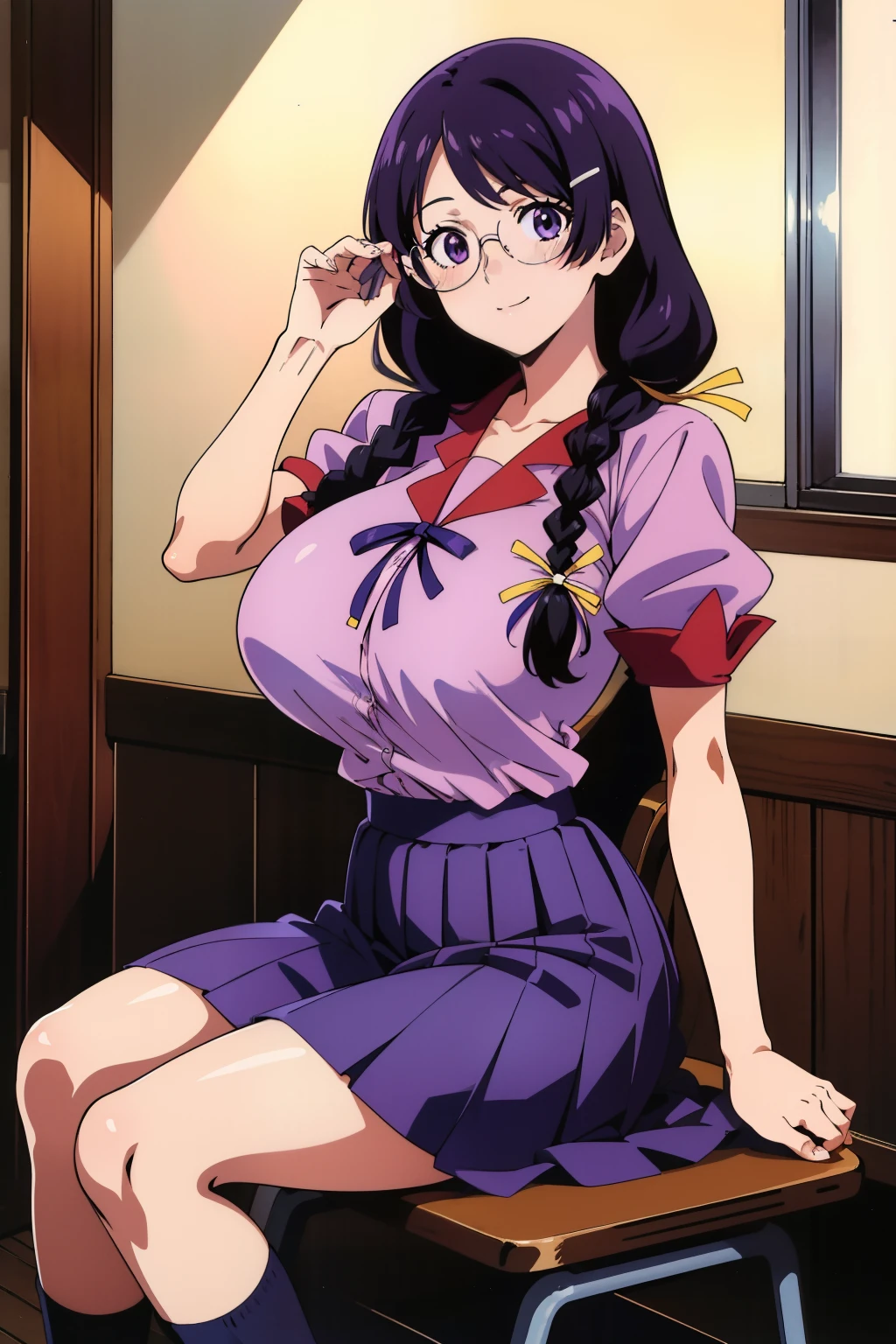 1990s anime cels style, 1990s manga style, best quality, high resolution, 1girl, (huge breasts:1.2), , skirt, school, blush, smile,  closed mouth, sitting, chair, hanekawa tsubasa, long hair, black hair, hair ornament, (purple eyes:1.1), braid, hairclip, twin braids, glasses,