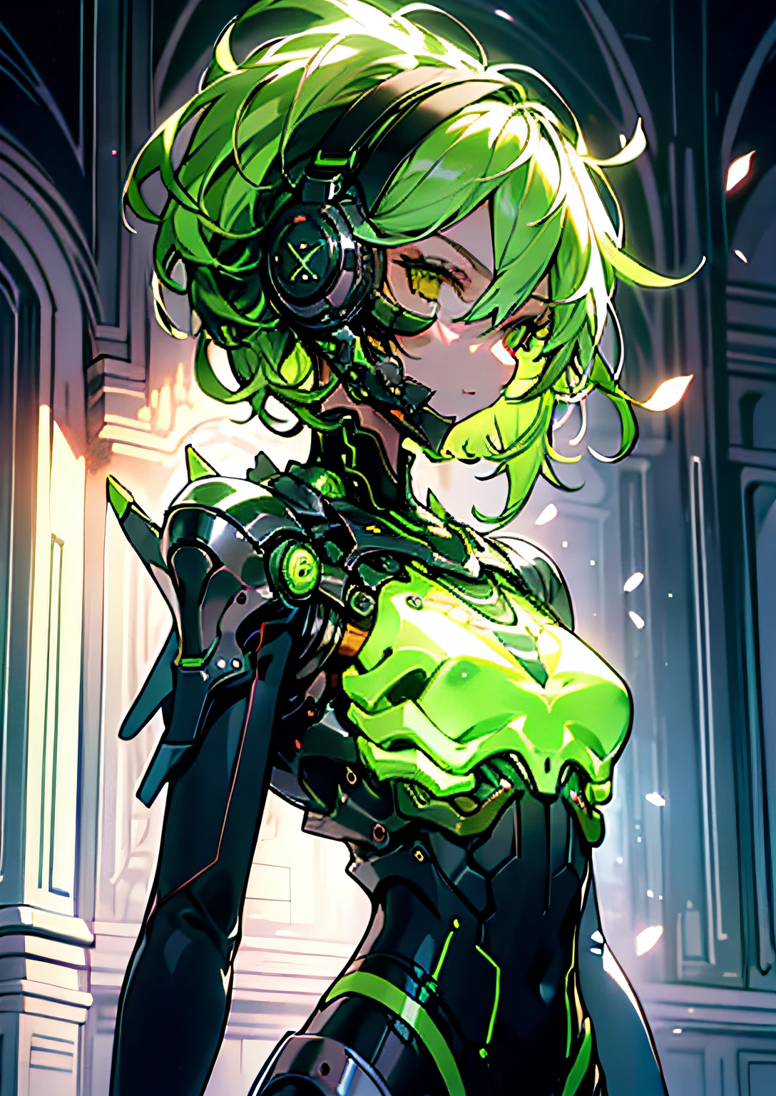 Masterpiece, Best quality, 1girll, Rest at the port, Green hair, short hair, with both sides facing up, ringed eyes, Armor, Cyber Skeleton AI