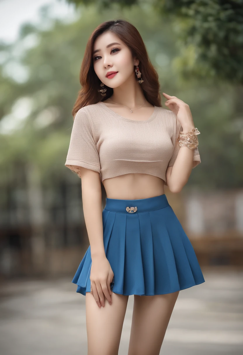 A woman in a blue skirt and a beige top posing for a picture - SeaArt AI