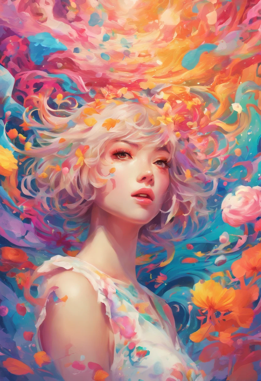 ((top-quality, 8K)), (Realistic), (Face Focus: 1.1), (white colors: 1.3), Kawaii Girl, short-hair, 
Hair fluttering in the wind, Facing to the side, Look up at your face, Eyes closed, (Sleeveless: 1.1)、Skirt, D Cup Breasts,Countless petals are falling