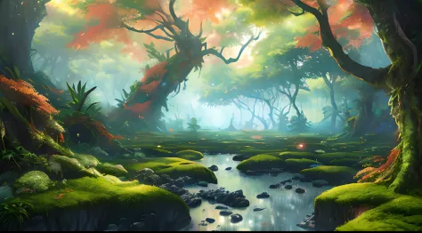A magical forest, a great height, up a lot of space under magical trees, a forest with magic and glowing mushrooms, ((masterpiece)), (((best quality))), ((ultra-detailed)), (Amazing:1.1), extremely detailed 8k wallpapers, Digital illustration, detailed and...
