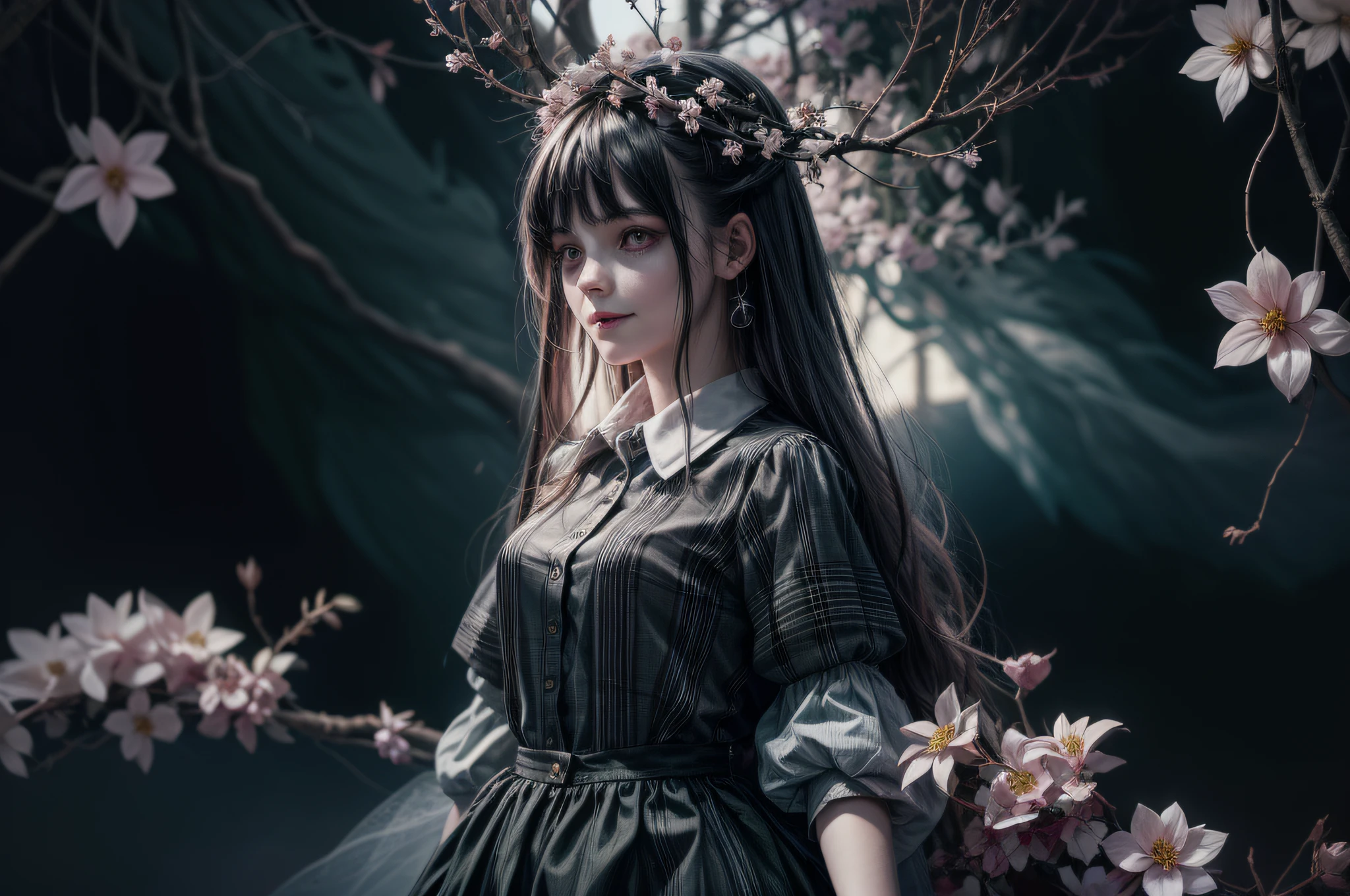 This is an image of a young girl standing in front of a tree with a ghostly figure behind her. The girl’s face is blurred out to protect her privacy. The ghostly figure is a woman with long flowing hair and red eyes. She is smiling and her hair is intertwined with the branches of the tree. The tree is covered in white flowers and the background is a cloudy sky. The girl is wearing a collared shirt and has shoulder length hair. The image looks like an illustration of a horror or mystery story. It is possible that the image was created by an artist or a fan of a certain genre or style. The image has a contrast between the black and white colors and the emotions of the girl and the ghost.