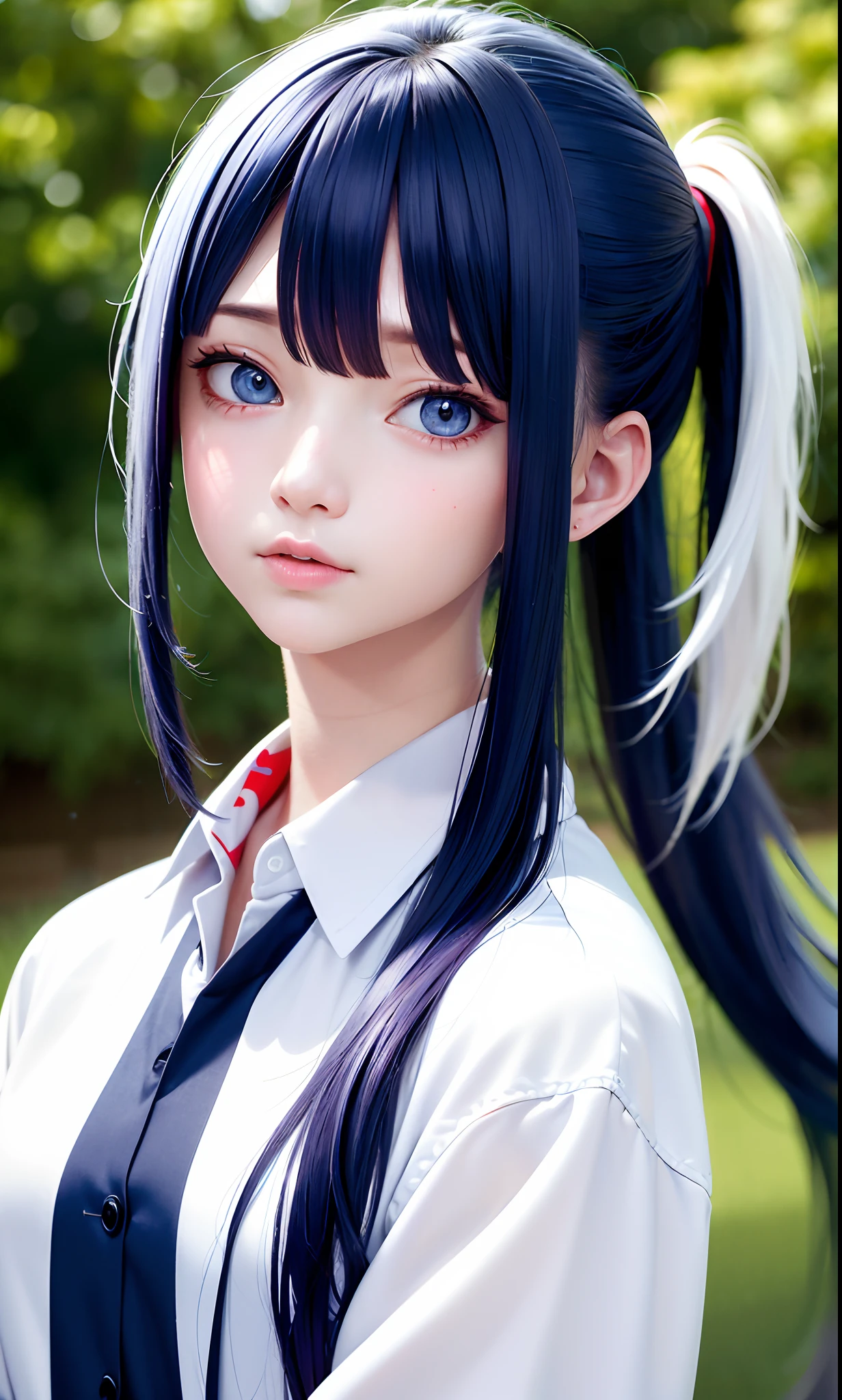 Excellent, masterpiece, blue-hair, red-eyes, white clothes, looking up, upper body, hair, fair skin, double ponytail, depth of field, detailed face, Focus, bokeh, potrait,