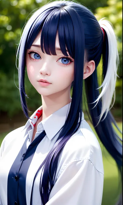 Excellent, masterpiece, blue-hair, red-eyes, white clothes, looking up, upper body, hair, fair skin, double ponytail, depth of f...