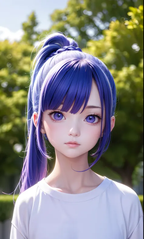 Excellent, masterpiece, blue-hair, purple-eyes, white clothes, looking up, upper body, hair, fair skin, double ponytail, depth o...