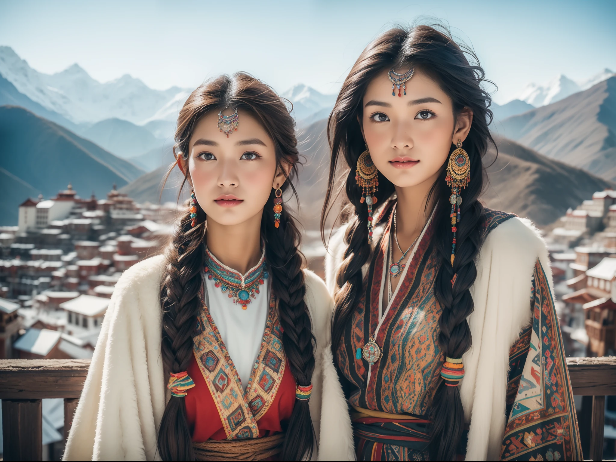 (Лучшее качество,8К,Высокое разрешение,шедевр:1.2),(темно-коричневая кожа, текстурированная кожа, Хайленд раскраснелся, солнечный ожог, загорелый, веснушка), Красивая тибетская девушка в заснеженных горах, молитвенные флаги, Тибетская культура, Яркие глаза, Традиционные тибетские художественные костюмы, Тибетские халаты, Тибетский головной убор, Тибетские украшения, бирюзовый, янтарь, Наблюдайте за аудиторией, Ультратонкие детали, масштабированный. мягкое освещение, ультра - подробный, высокое качество, яркие цвета, боке, HDR, гипер HD, профессиональный стиль фотографии.