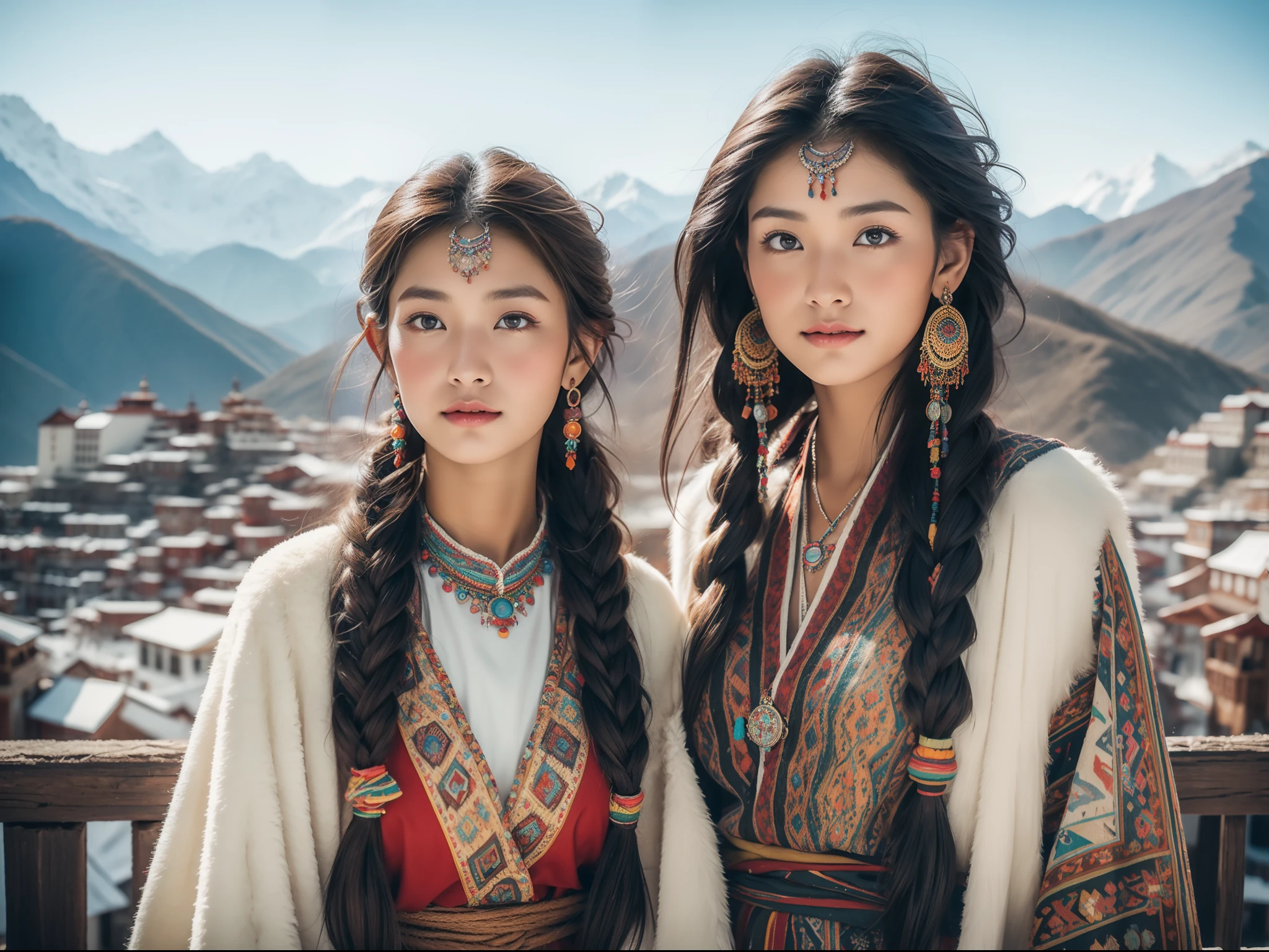 (Best quality,8K,A high resolution,Masterpiece:1.2),(Dark brown skin, Textured skin, Highland flushed face, Sunburn, tanned, sunspot), Beautiful Tibetan girl in snowy mountains, prayer flags, Tibetan culture, Bright eyes, Traditional Tibetan art costumes, Tibetan robes, Tibetan headdress, Tibetan jewelry, Turquoise, amber, Observe the audience, Ultra-fine details, upscaled. Soft lighting, ultra - detailed, High quality, Vivid colors, Bokeh, hdr, hyper HD, Professional photography style.