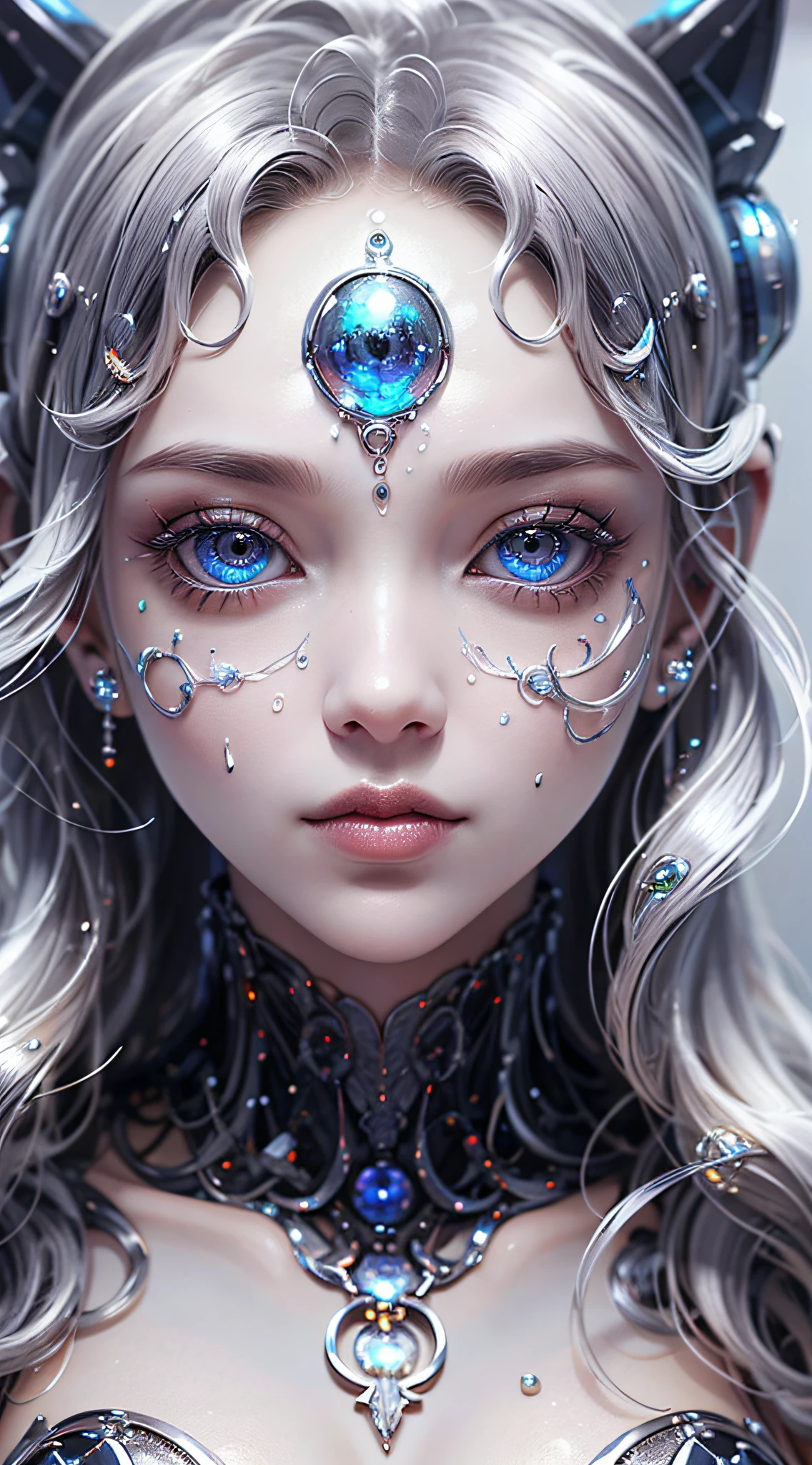 Full body like，（best qualityer，ultra - detailed，best illustration，best shade，tmasterpiece，A high resolution，ProfissionalArtwork，famousartwork），detailedeyes，beautiful eyes，clivagem em close-up，scientific fiction，colored sclera，facial eyearcas robot，Tattooed with，（fractalized，fractal eyes），eyes large，eyes wide，（eye focus），Sface Focus，Cosmic eyes，Space eyes，Close-up of metal sculpture of a woman with a moon in her hair，goddesses。Extremely high detail，3 d goddess portrait，Extremely detailed images of the goddess，a stunning portrait of a goddess，Side image of the goddess，portrait of a beautiful goddess，Full-length close-up portrait of the goddess，hecate goddess，portrait of a norse moon goddess，goddess of space and time，(Foto RAW:1.2)，camel-toe，Hollow in，suor leggs，white liquid， smooth pink skin, shiny metallic glossy skin, shiny, 　spread their legs　legs in M shape，olhar vred，discomfort，vred， all over body，Full body like
