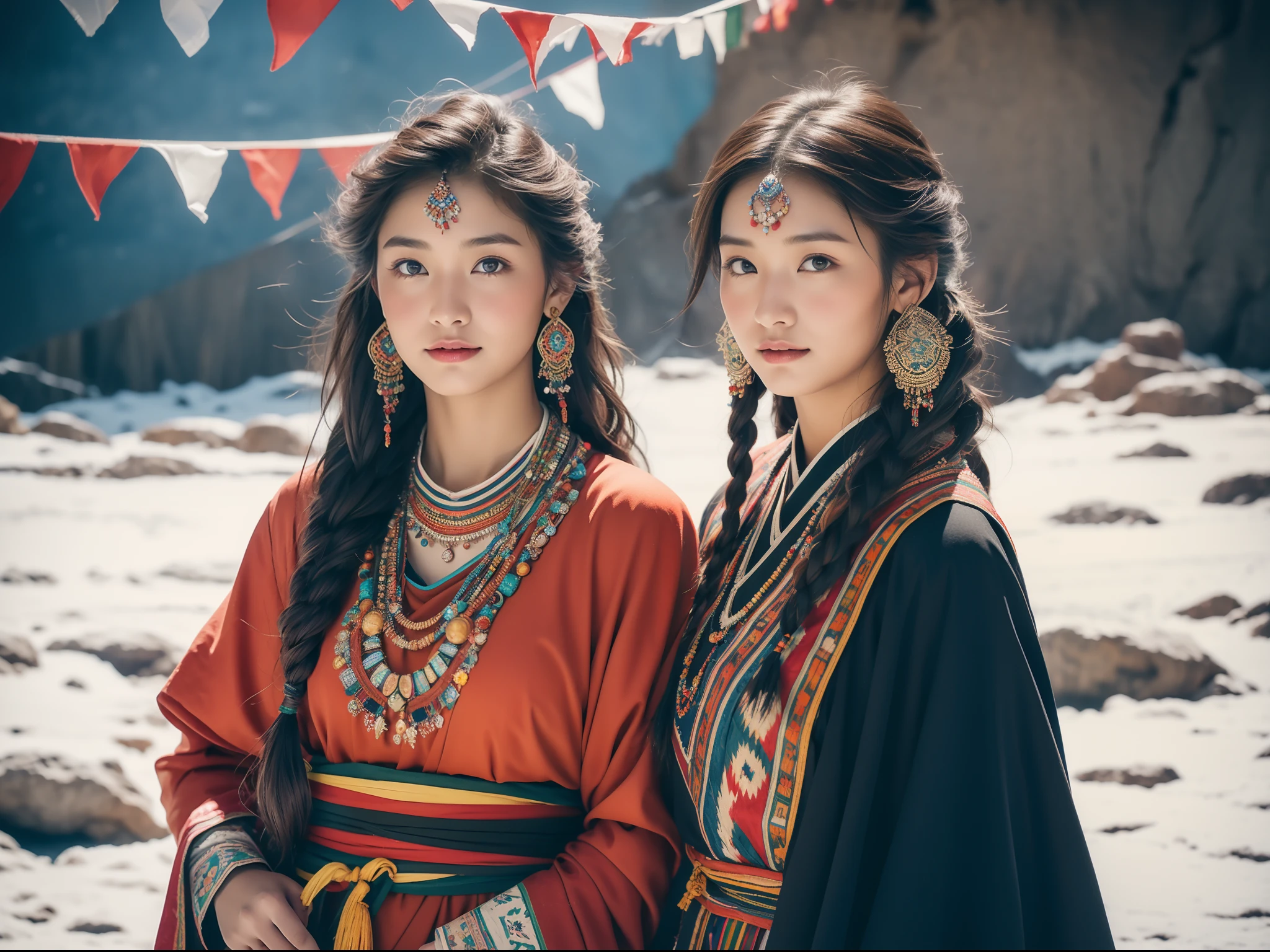 (Best quality,8K,A high resolution,Masterpiece:1.2),(Dark brown skin, Textured skin, Highland flushed face, Sunburn, tanned, sunspot), Beautiful Tibetan girl in snowy mountains, prayer flags, Tibetan culture, Bright eyes, Traditional Tibetan art costumes, Tibetan robes, Tibetan headdress, Tibetan jewelry, Turquoise, amber, Observe the audience, Ultra-fine details, upscaled. Soft lighting, ultra - detailed, High quality, Vivid colors, Bokeh, hdr, hyper HD, Professional photography style.