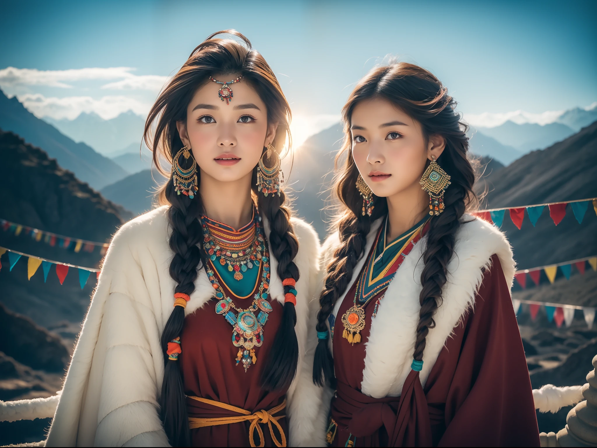 (Лучшее качество,8К,Высокое разрешение,шедевр:1.2),(темно-коричневая кожа, текстурированная кожа, Хайленд раскраснелся, солнечный ожог, загорелый, веснушка), Красивая тибетская девушка в заснеженных горах, молитвенные флаги, Тибетская культура, Яркие глаза, Традиционные тибетские художественные костюмы, Тибетские халаты, Тибетский головной убор, Тибетские украшения, бирюзовый, янтарь, Наблюдайте за аудиторией, Ультратонкие детали, масштабированный. мягкое освещение, ультра - подробный, высокое качество, яркие цвета, боке, HDR, гипер HD, профессиональный стиль фотографии.
