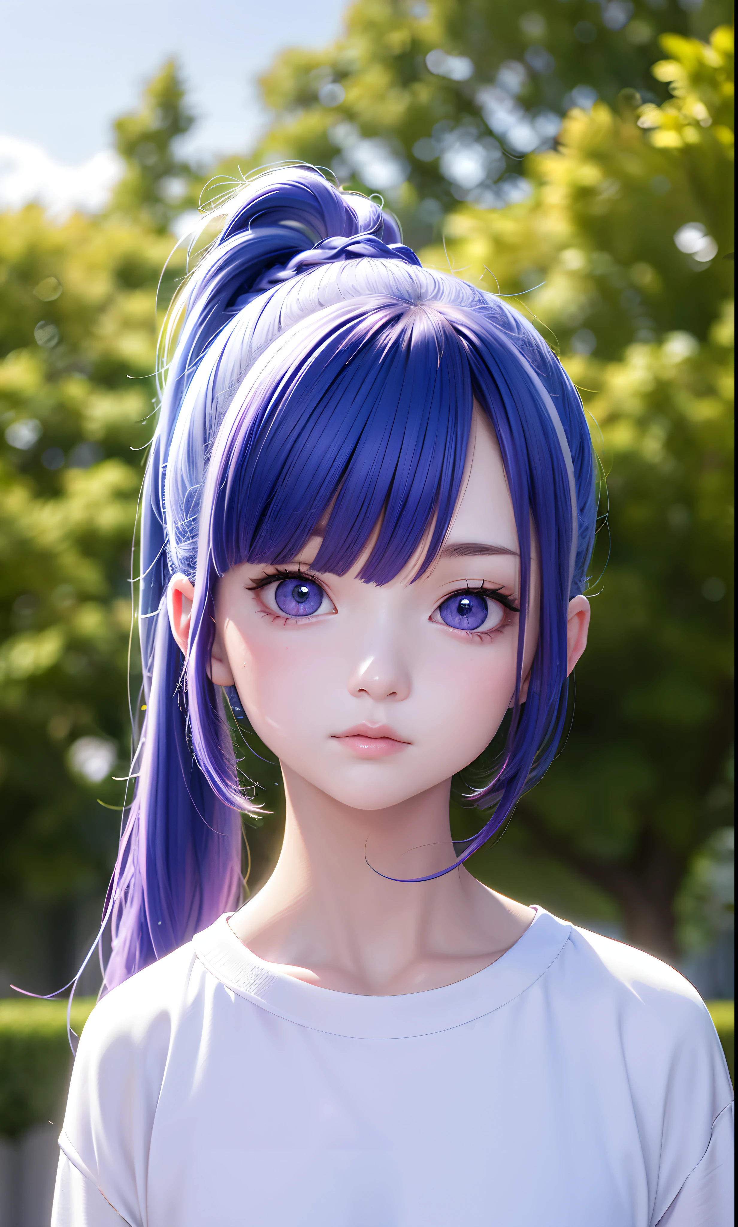 Excellent, masterpiece, blue-hair, purple-eyes, white clothes, looking up, upper body, hair, fair skin, double ponytail, depth of field, detailed face, Focus, bokeh, potrait,