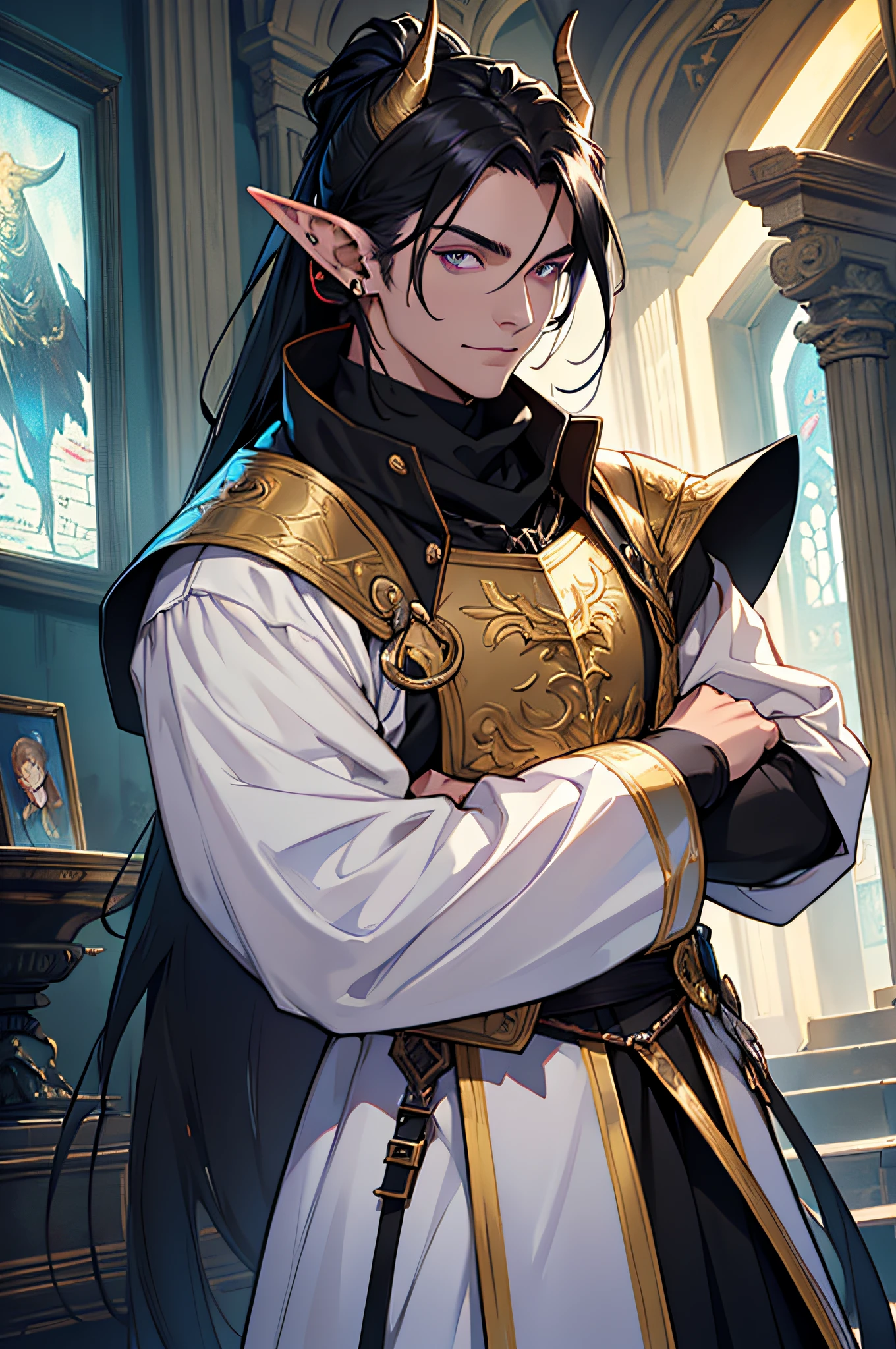 Anime - style image of a male elf in a white and gold outfit - SeaArt AI