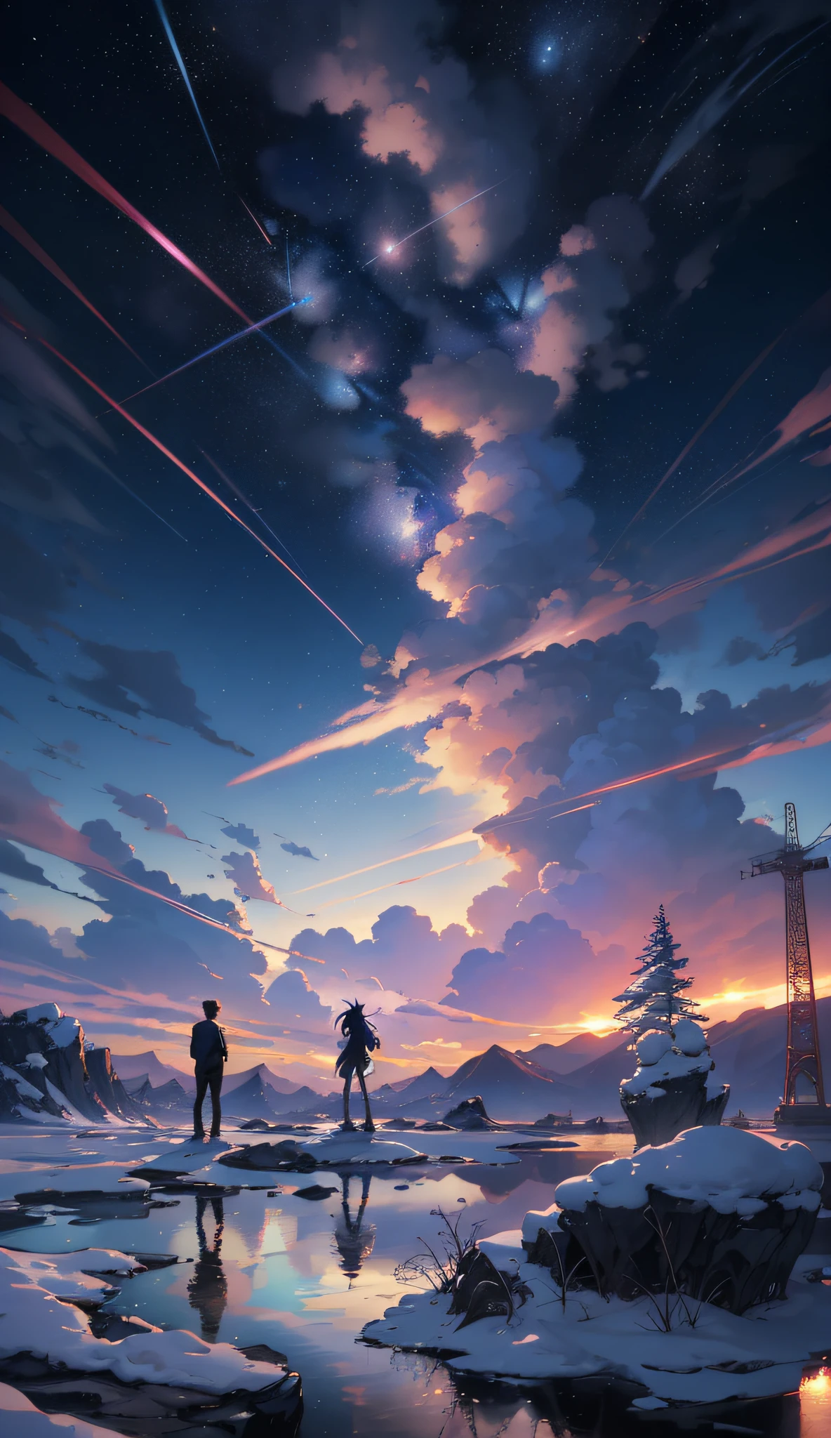 Two people standing on a rock looking at the sky with stars - SeaArt AI