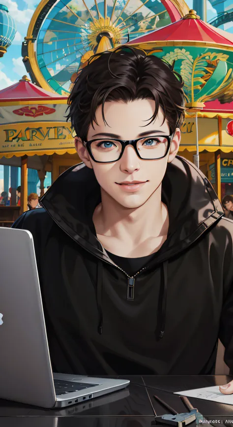 Close up portrait of a person sitting at a laptop table, The background is a stylish space like an amusement park, Eta, There ar...