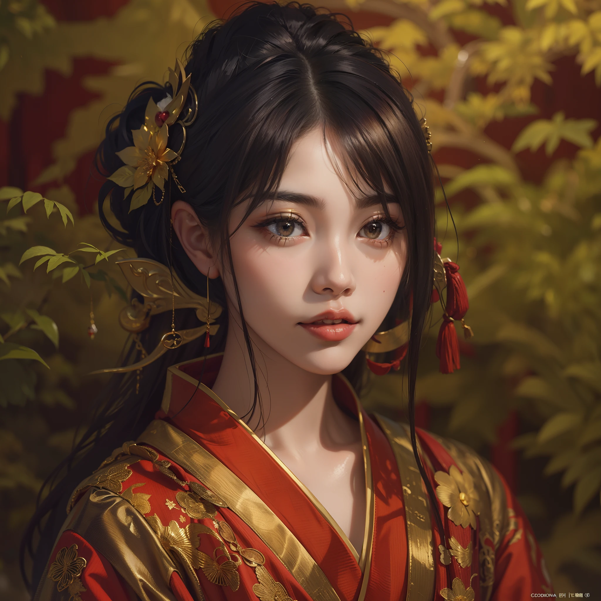 Detailed background((a moon：1.5),Desolate city)、BREAK,elaborate costume{Luxury kimono(Dark red kimono(Detailed golden embroidery,))}、(Japanese Idol(actress):1.2)(face perfect:1.2),Depicting a beautiful and classy adult woman。glossy dark hair,poneyTail,Heart in the eye。 Wallpapers 16K, .Blur the background with a sickle,((masutepiece)), ((Best Quality)),{{a portrait photo of}},full body Esbian、Faraway view,Like a corporate logo