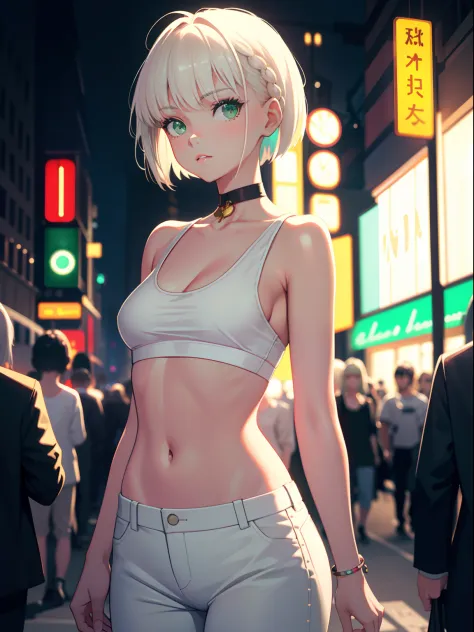 masterpiece, best quality, nsfw, 1girl, platinum blonde hair, short hair, green eyes, braids, small perky breasts, on the street, night, neon light, white tanktop, braless, white pants, poker face, front view, standing, in crowd,