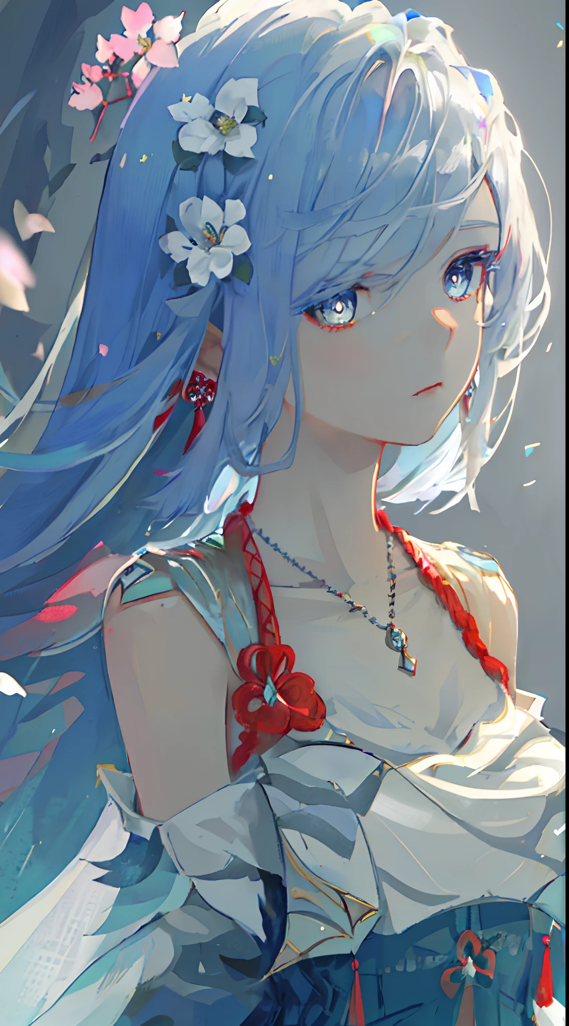 masterpiece, best quality, illustration, sax blue, platinum earrings, platinum necklace, white dress, 1girl, Elegant, (dynamic lighting:1.2), cinematic lighting, delicate facial features, detailed eyes, sharp pupils, realistic pupils, depth of field, bokeh, sharp focus, (hyper-detailed, bloom, glow:1.4), many small gems
