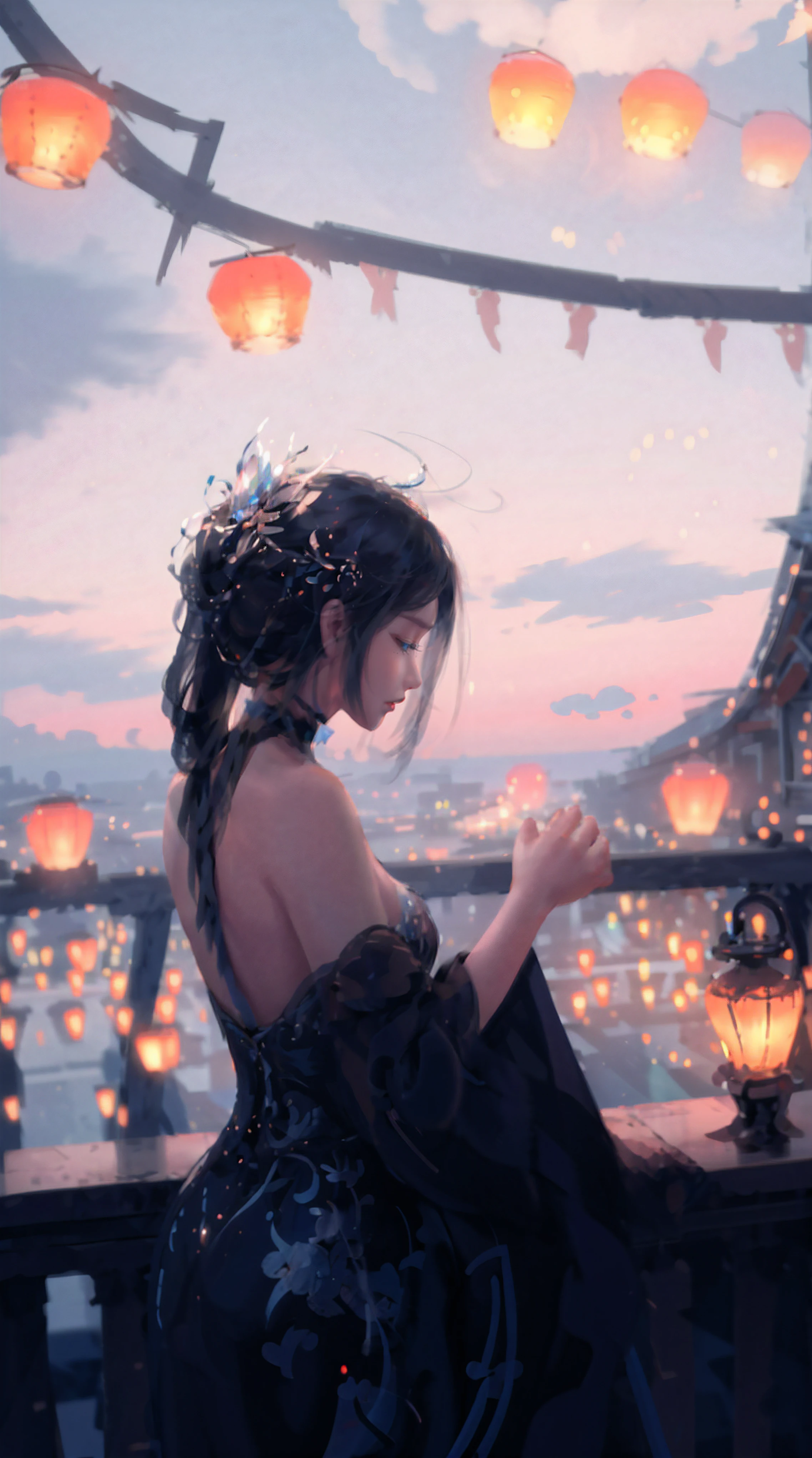 1girl, solo, lantern, wind, own_hands_together, sky, hair_ornament, cloud, bare_shoulders, closed_eyes, dress, paper_lantern, outdoors, choker, sitting, from_side, profile, blue_choker, blue_dress, floating_hair, railing, cloudy_sky, closed_mouth, scenery, own_hands_clasped