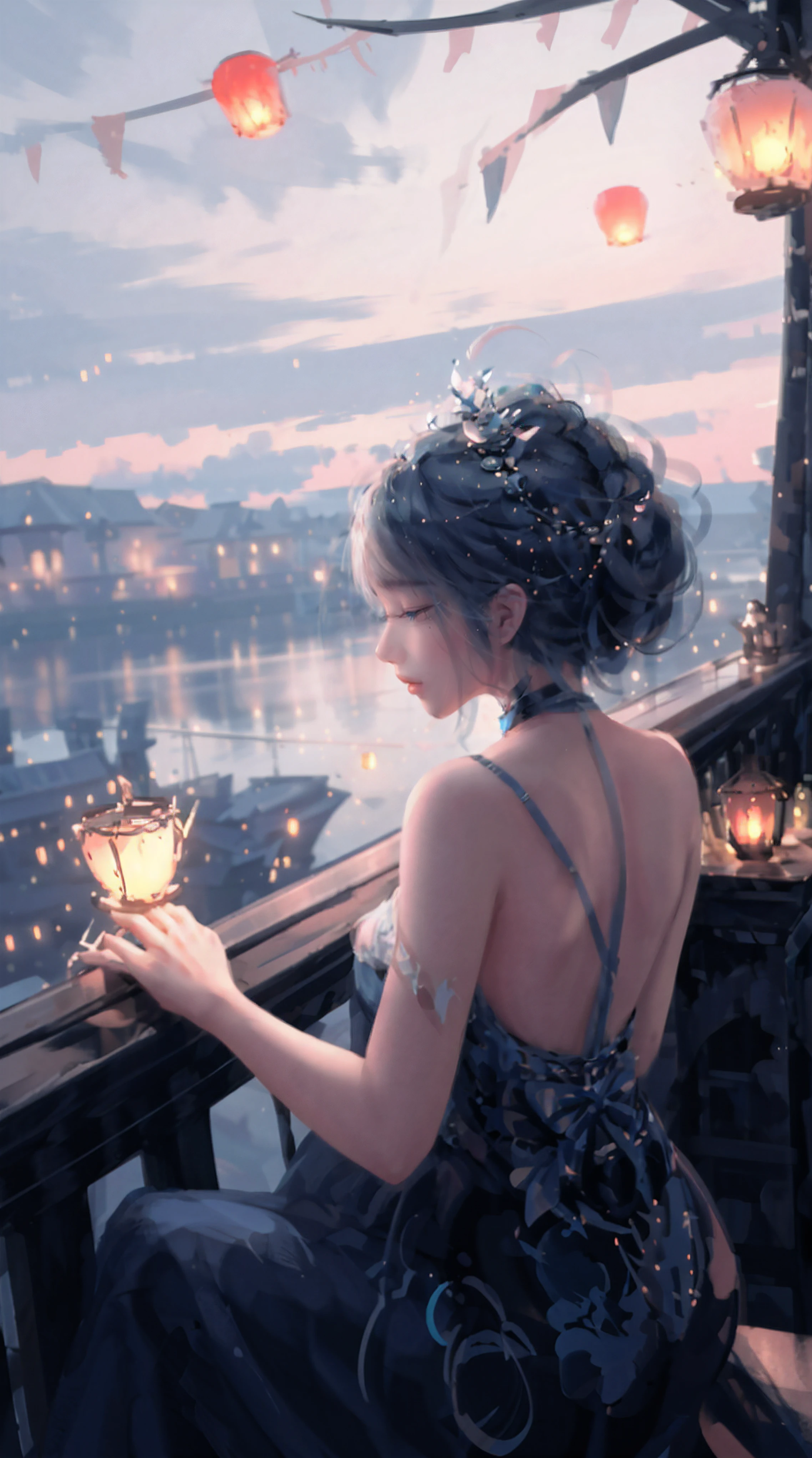 1girl, solo, lantern, wind, own_hands_together, sky, hair_ornament, cloud, bare_shoulders, closed_eyes, dress, paper_lantern, outdoors, choker, sitting, from_side, profile, blue_choker, blue_dress, floating_hair, railing, cloudy_sky, closed_mouth, scenery, own_hands_clasped