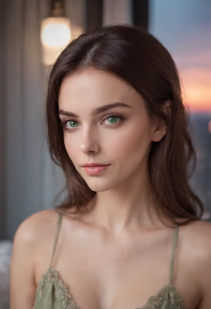 arafed woman, sexy girl with green eyes, brown hair and large eyes, selfie of a young woman, bedroom eyes, violet myers, without makeup, natural makeup, looking directly at the camera, face with artgram, subtle makeup, stunning full body shot, piercing gre...