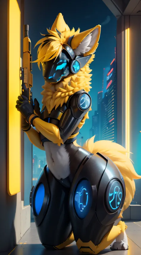 Femboy protogen with wide hips, yellow hair, and yellow emissive highlights. blue eyes, and orange fur tufts, holding futuristic gun. Blue symbols.