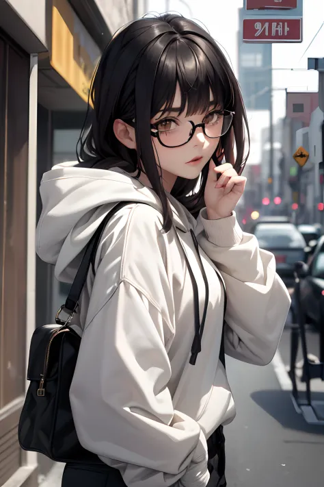 (masterpiece, best quality), 1girl, beautiful face, black hair, glasses, hoodie, baggy shorts, shy, quiet