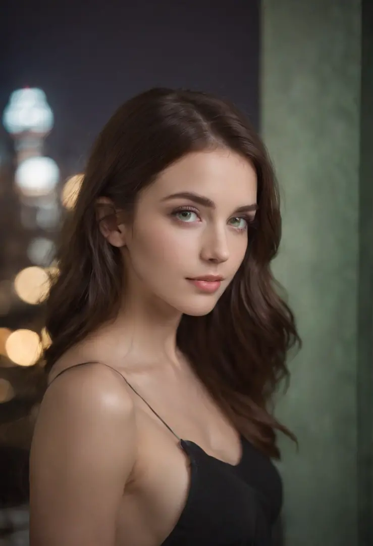 arafed woman, sexy girl with green eyes, brown hair and large eyes, full body shot of a young woman, bedroom eyes, violet myers, without makeup, natural makeup, looking directly at the camera, face with artgram, subtle makeup, piercing green eyes, beautifu...