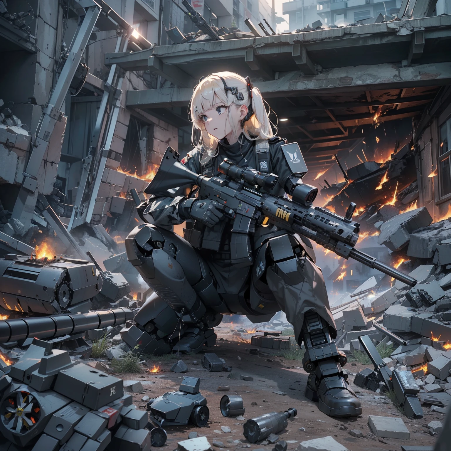 (h&K Rifle:1.4)、(((Fire a rifle to destroy military robots:1.4)))、(Female soldier with non-mechanical body)、solo:1.4、(Black combat uniform)、(platinum-blonde-hair:1.2)、Have multiple weapons、rubble、((超A high resolution))、Detail Write、​masterpiece、top-quality、extremely details CG、Image quality in 8K、Cinematographic lighting、lensflare、(Night combat)、((In Building))、Hyper-detailing、The wreckage of military robots、cowboy  shot:1.4、From diagonally behind、From  above 、(hk416)、turned around