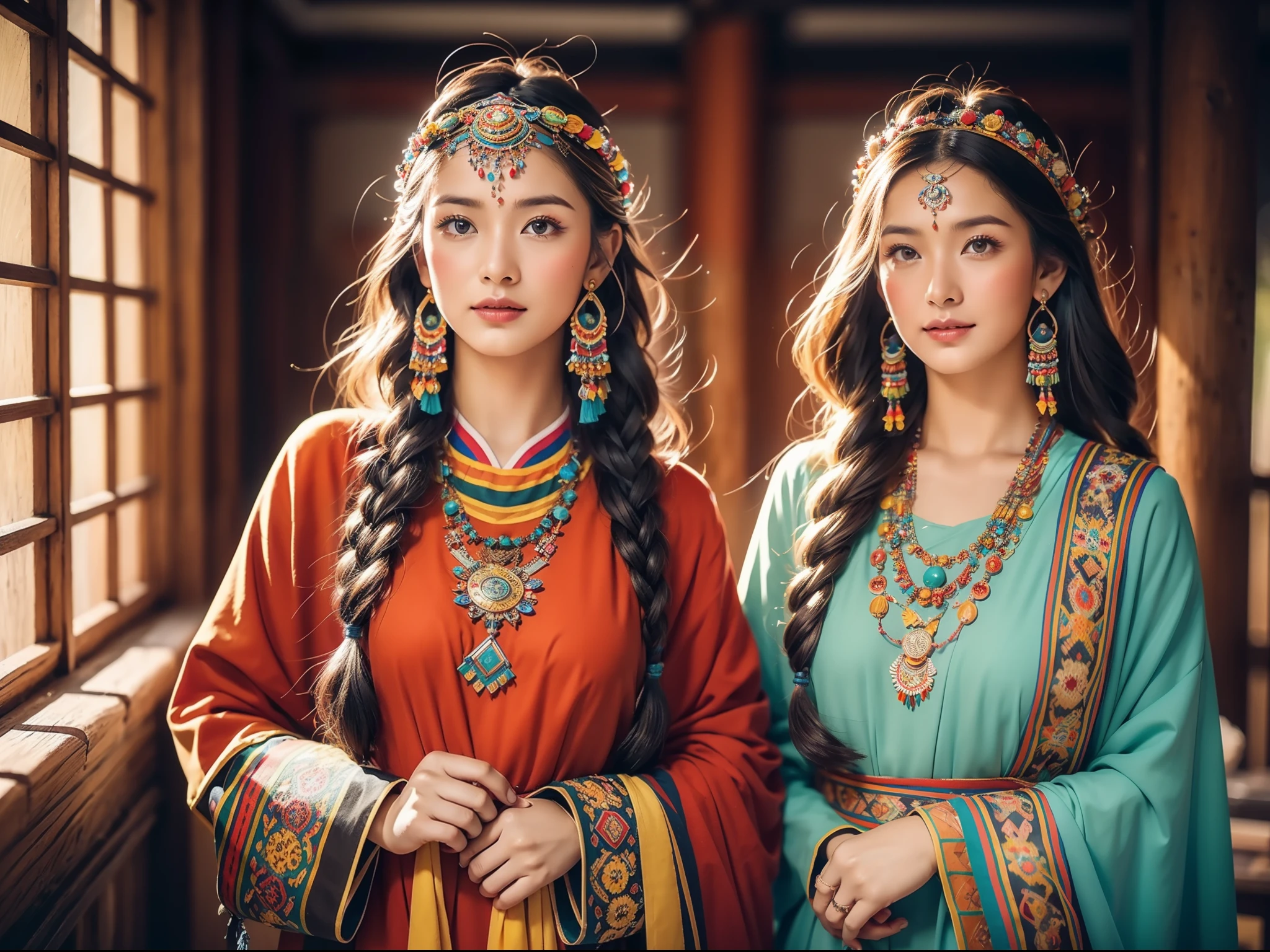 (Best quality,8K,A high resolution,Masterpiece:1.2),(Dark brown skin, Textured skin, Highland flushed face, Sunburn, tanned, sunspot), Beautiful Tibetan girl in Potala Palace, prayer flags，Potala Palace, Tibetan culture, Bright eyes, Traditional Tibetan art costumes, Tibetan robes, Tibetan headdress, Tibetan jewelry, Turquoise, amber, Observe the audience, Ultra-fine details, upscaled. Soft lighting, ultra - detailed, High quality, Vivid colors, Bokeh, hdr, hyper HD, Professional photography style.