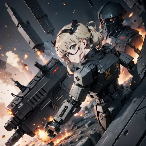 (h&K Rifle:1.4)、(((Fire a rifle to destroy military robots:1.4)))、(Female soldier with non-mechanical body)、独奏:1.4、(Black combat...