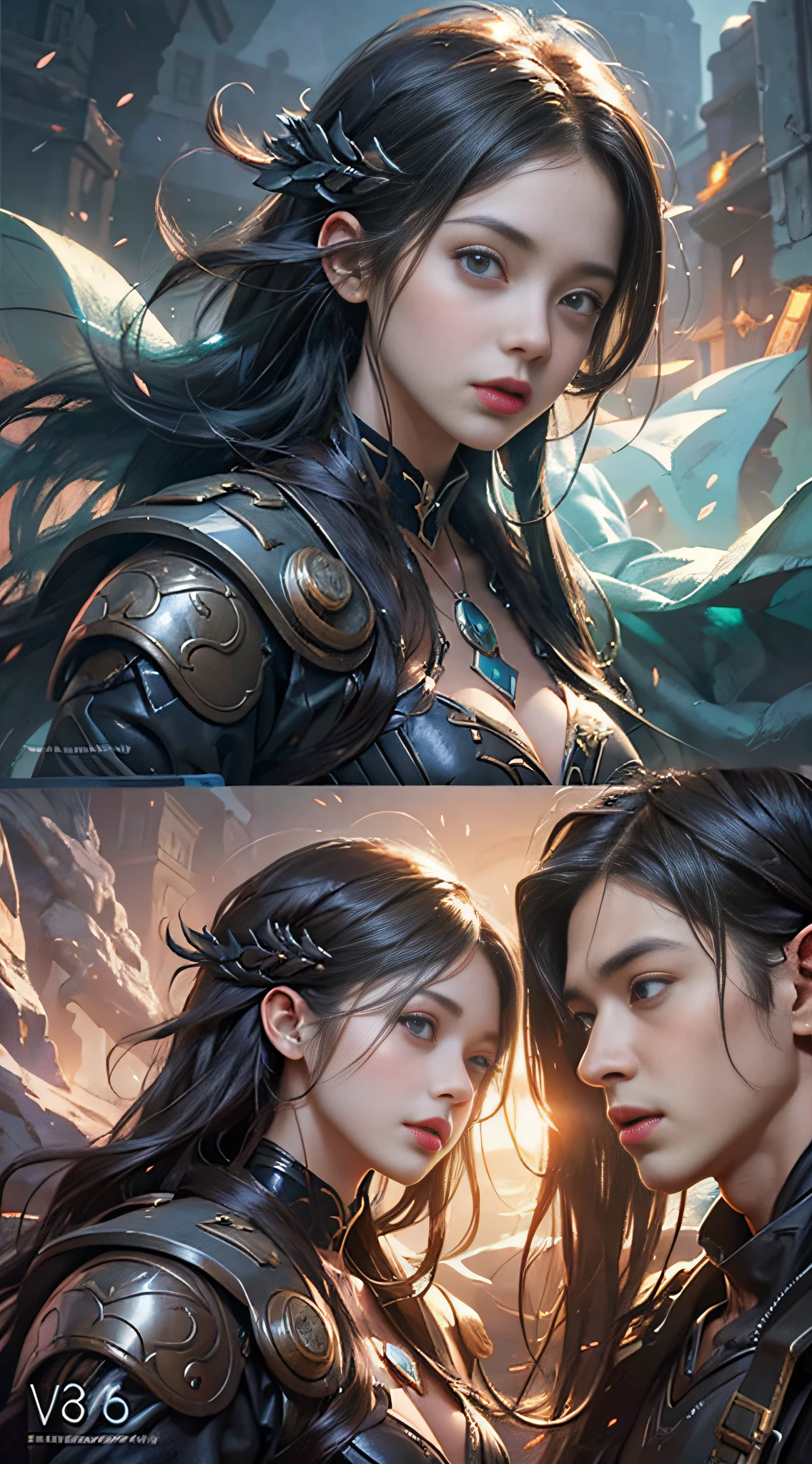 A couple of pictures of a woman and a man in armor - SeaArt AI