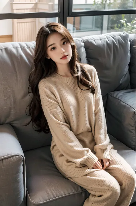 A daughter，Draped with hair，Wear a sweater，pajamas，Sitting on the living room sofa，The house is small，Fresh design，The lights were warm，Simple，Fashionab，超高分辨率，Very detailed，realisticlying