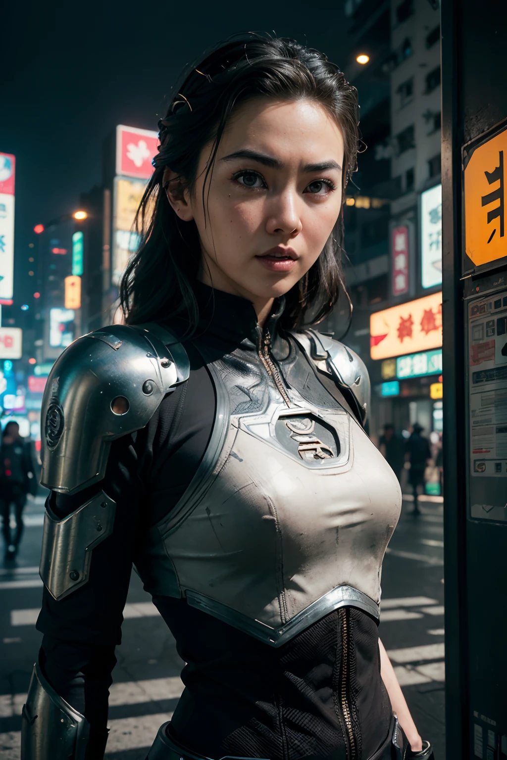 (((Jessica Henwick in a futuristic cyberpunk ninja assassin armor, glowing robotic ninja armor )), (dynamic pose), (masterpiece), (hyper realistic:1.4), (realistic:1.3), (best quality real texture skin),  (cinematic lighting), (movie scene), 1Beautiful woman, (glowing light), highly detailed skin, skin pores, (highly detailed face:1.1), (highly detailed eyes:1.1), realistic pupils, (perfect anatomy:1.1), (perfect proportions:1.1), (photography:1.1), (photorealistic:1.1), volumetric lighting, dynamic lighting, real shadows, (highres:1.1), sharp focus, (realistic, hyperrealistic:1.4), intricate, high detail, dramatic, subsurface scattering, big depth of field, vivid, polished, sharpened, ((full Sharp)), (extremely absurdres),8k hdr, ((cyberpunk Hong Kong city background))