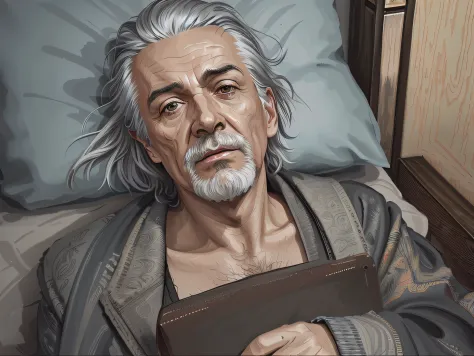 there is a man laying in bed with a book in his lap, full art illustration, cyberpunk middle-age man with black and white hair, ...