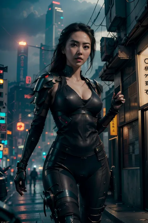 (((Jessica Henwick in a futuristic cyberpunk ninja assassin armor )), (dynamic pose), (masterpiece), (hyper realistic:1.4), (rea...