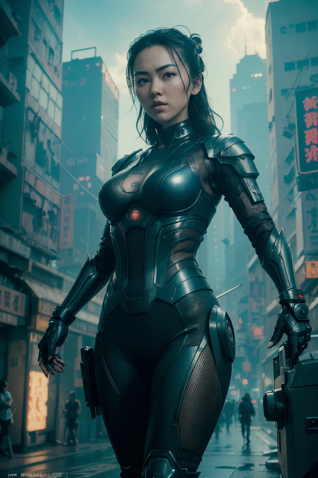 (((Jessica Henwick em uma armadura futurística de assassina ninja cyberpunk, armadura ninja robótica brilhante )), (pose dinâmica), (obra de arte), (hyper realista:1.4), (realista:1.3), (pele com textura real da melhor qualidade),  (iluminação cinematográfica), (cena do filme), 1mulher bonita, (luz brilhante), pele altamente detalhada, poros da pele, (Rosto altamente detalhado:1.1), (olhos altamente detalhados:1.1), realista pupils, (anatomia perfeita:1.1), (Proporções perfeitas:1.1), (fotografia:1.1), (photorealista:1.1), iluminação volumétrica, Iluminação dinâmica, sombras reais, (alta resolução:1.1), foco nitído, (realista, hyperrealista:1.4), Intrincado, alto detalhe, dramático, dispersão subterrânea, grande profundidade de campo, vivid, polido, afiado, ((totalmente afiado)), (extremamente absurdos),8k hdr, ((fundo da cidade cyberpunk de Hong Kong))