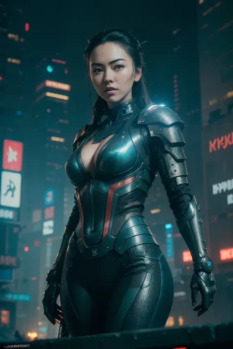 (((Jessica Henwick in a futuristic cyberpunk ninja assassin armor, glowing robotic ninja armor )), (dynamic pose), (masterpiece)...