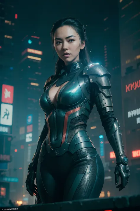 (((jessica henwick in a futuristic cyberpunk ninja assassin armor, glowing robotic ninja armor )), (dynamic pose), (masterpiece)...