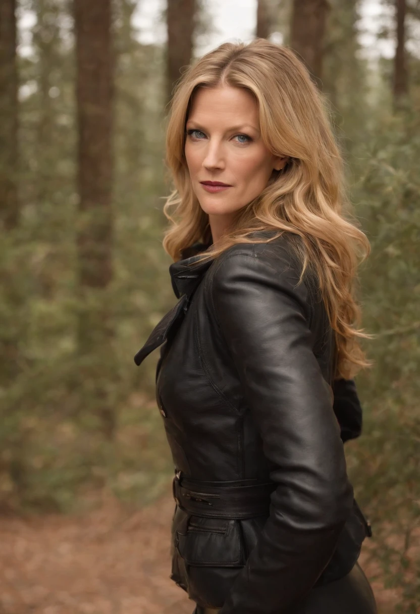 A woman in a black leather jacket standing in a forest - SeaArt AI