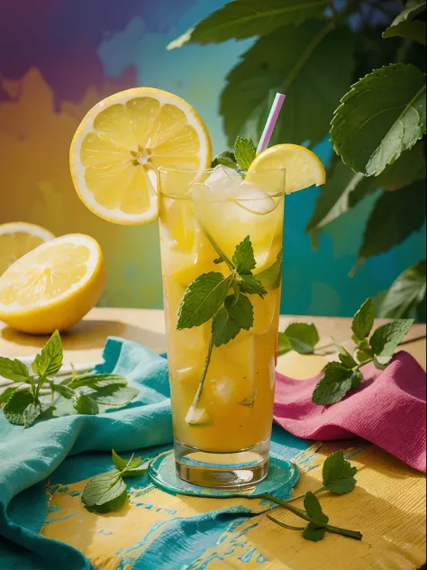 a photo of a colorful lemon mocktail can with mint leaves with an abstract background,