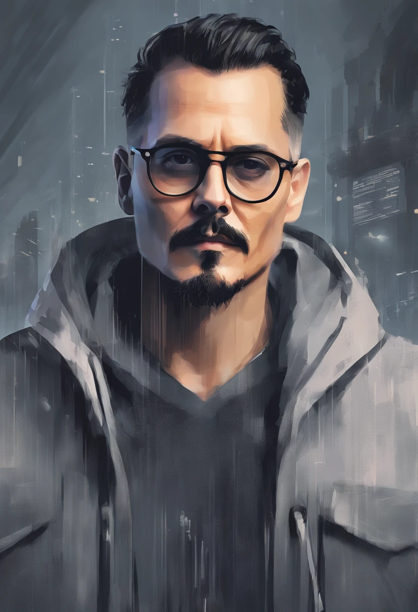 Avatar of a man with gray hoodie with johnny depp mustache and goatee, buzz cut with office background