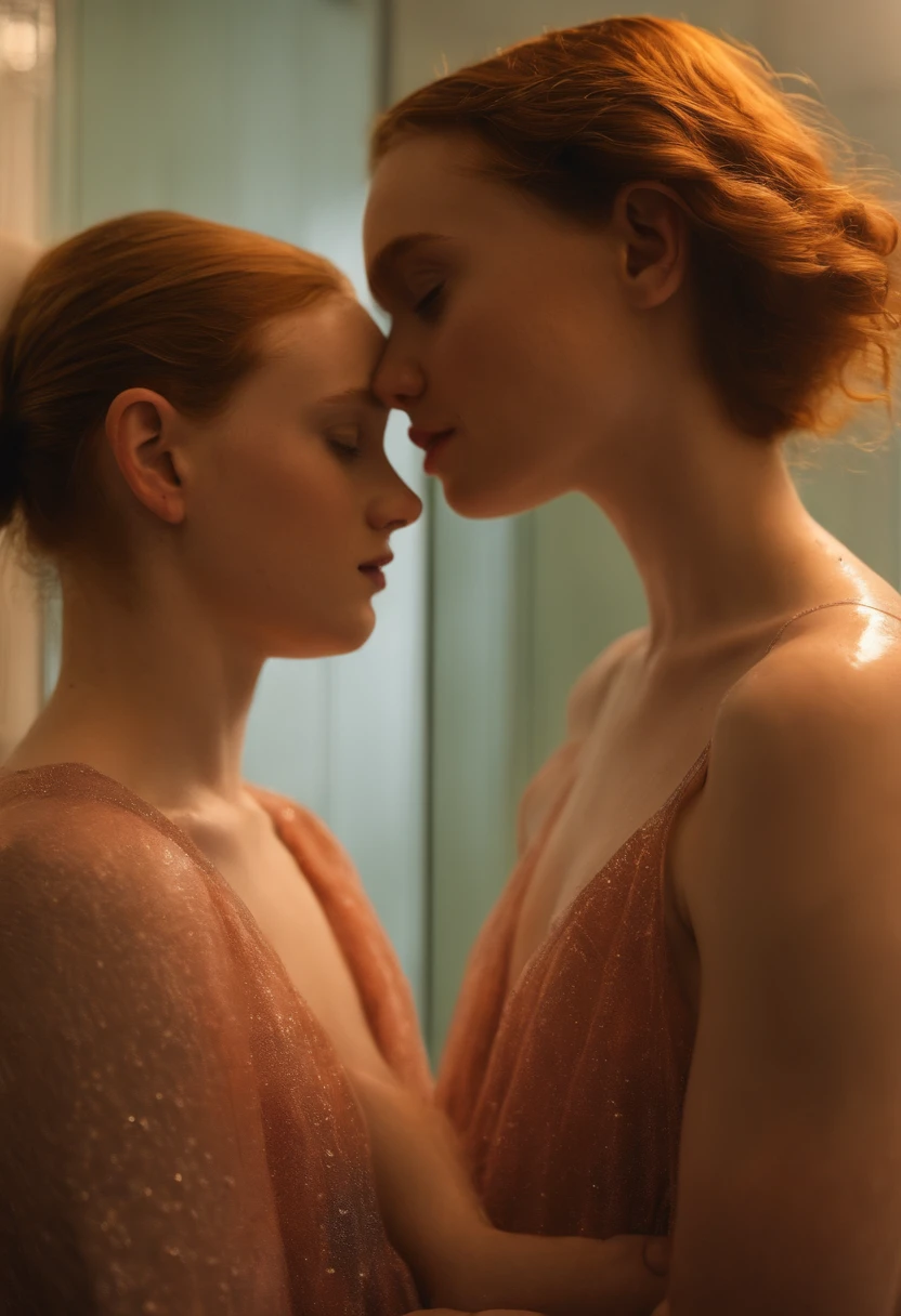 Two women in dresses are touching noses in a bathroom - SeaArt AI